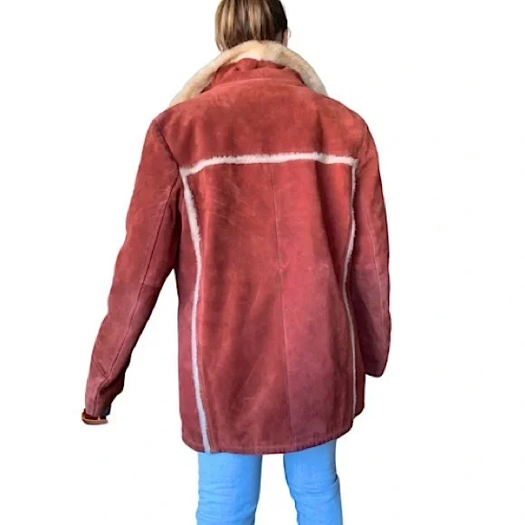 RARE vintage 70s burnt orange genuine suede Sherpa retro coat size XL - Picture 3 of 16